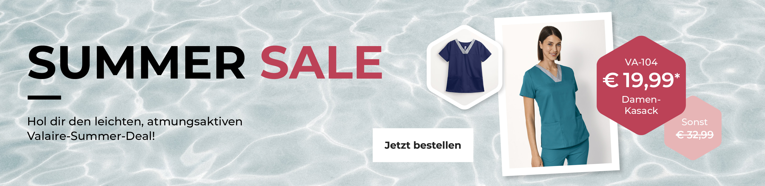 Dunkelhaarige Frau in weißem T-Shirt und dunkeltürkiser Hose die für das Valaire Produkte Damen Komfortbund-Hose VA-107 zum Knnenlernpreis wirbt